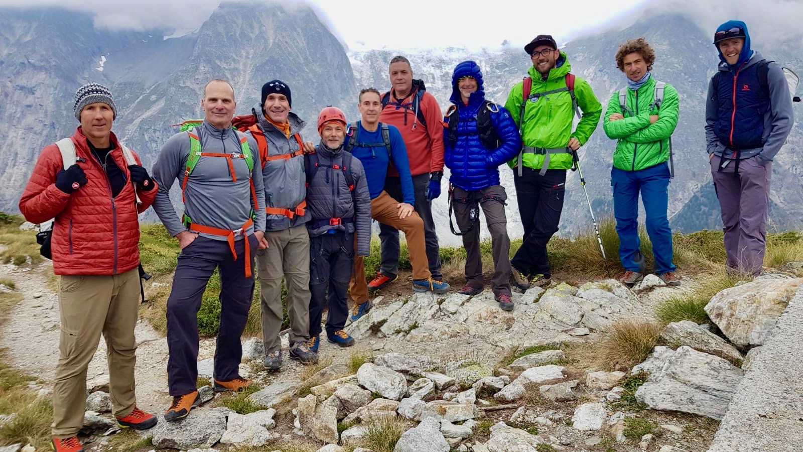 Male hiking group in full gear