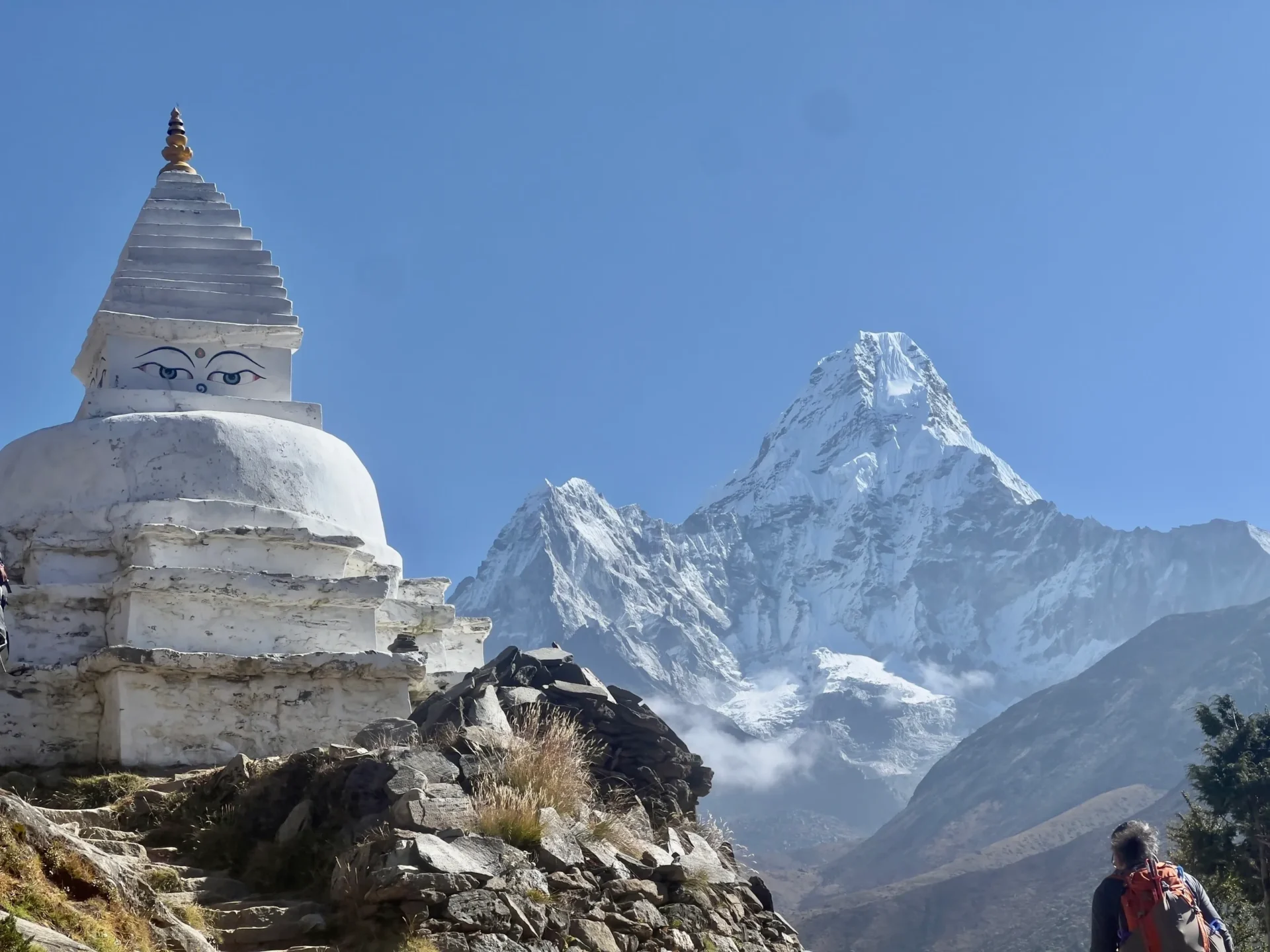 Group of skiers posing on a snowy mountain with lake and peaks behind.