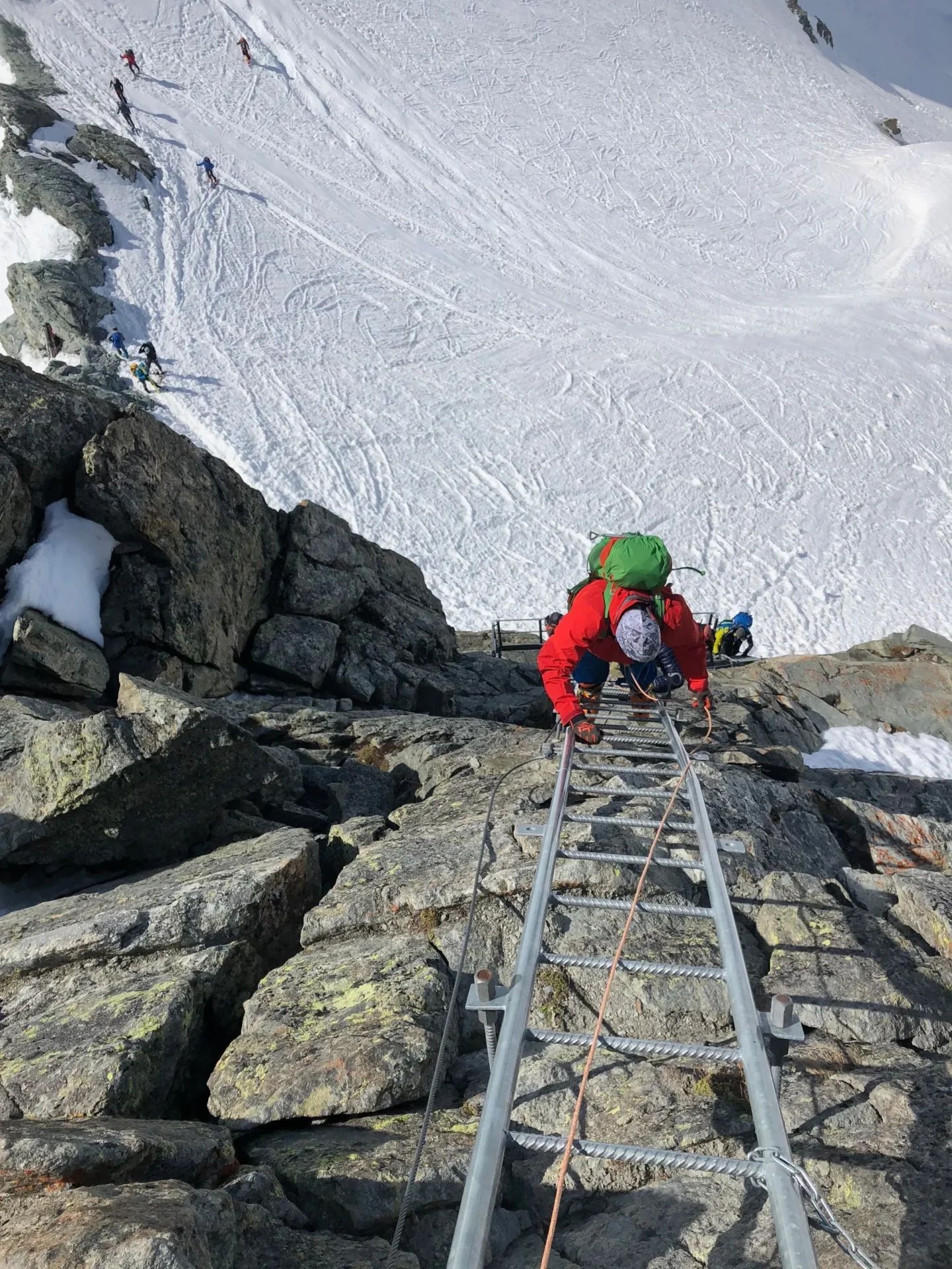 Group of skiers posing on a snowy mountain with lake and peaks behind.